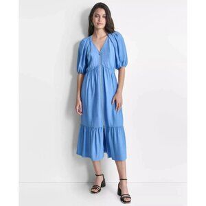 DKNY Puff Sleeve Midi Dress Front Zipper Pulls Tiered Hem Blue Bell Sz L NWT